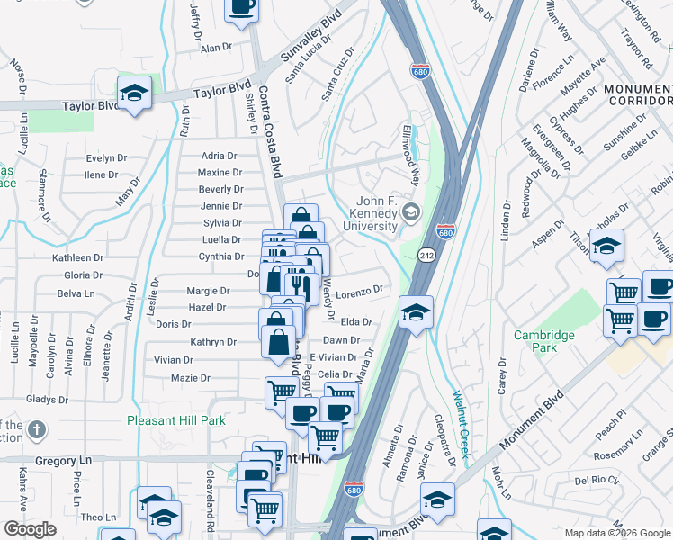 map of restaurants, bars, coffee shops, grocery stores, and more near 107 Beth Drive in Pleasant Hill
