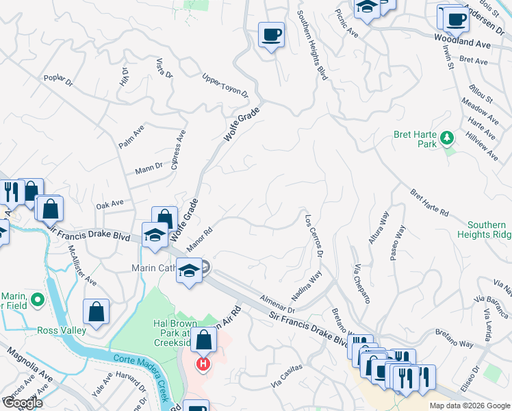 map of restaurants, bars, coffee shops, grocery stores, and more near 30 Corte Sereno in Kentfield