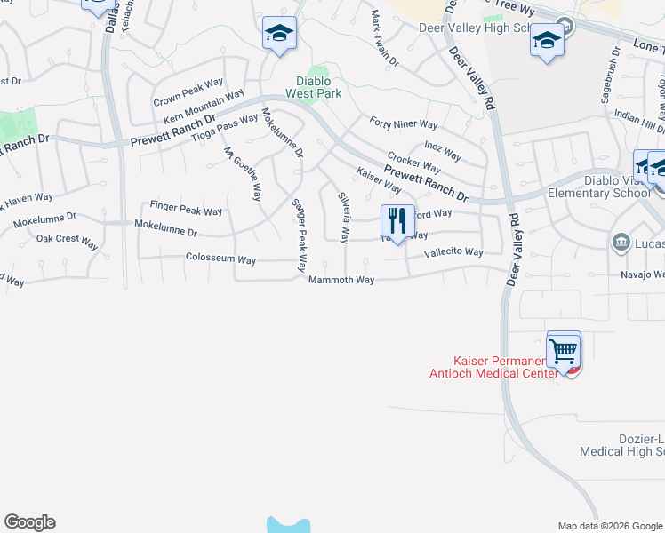 map of restaurants, bars, coffee shops, grocery stores, and more near 2412 Mammoth Way in Antioch