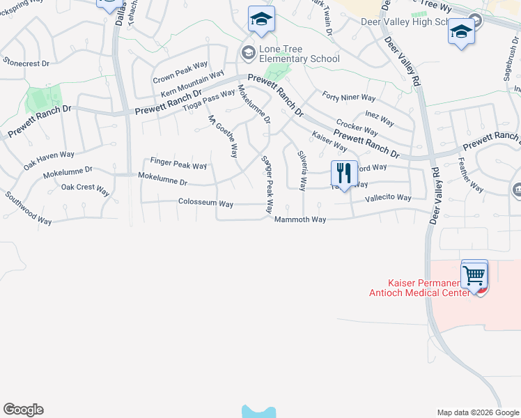 map of restaurants, bars, coffee shops, grocery stores, and more near 2384 Mammoth Way in Antioch