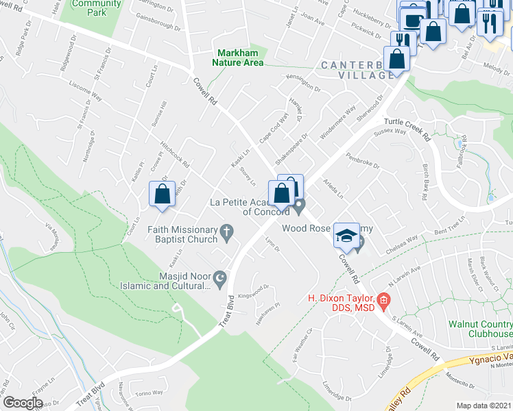 map of restaurants, bars, coffee shops, grocery stores, and more near 1167 Saint Matthew Place in Concord