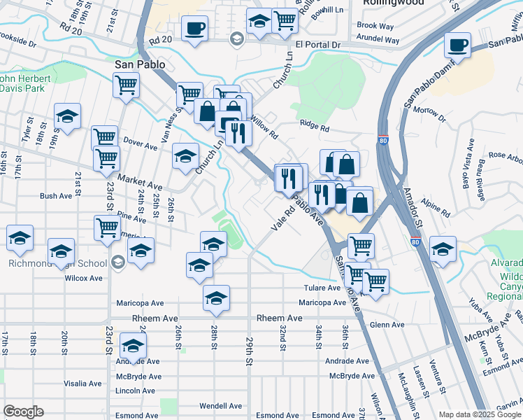 map of restaurants, bars, coffee shops, grocery stores, and more near 2089 Vale Road in San Pablo