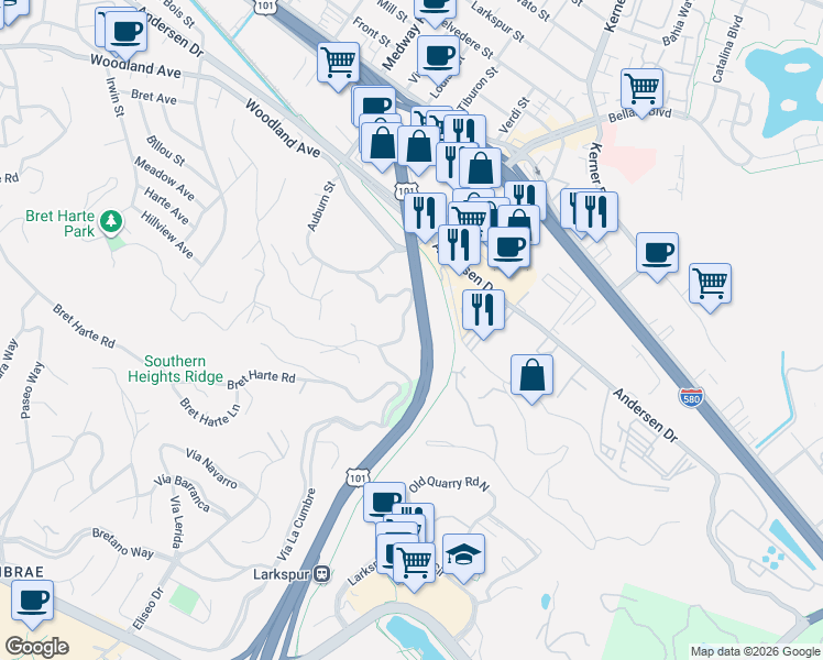 map of restaurants, bars, coffee shops, grocery stores, and more near 123 Altena Street in San Rafael