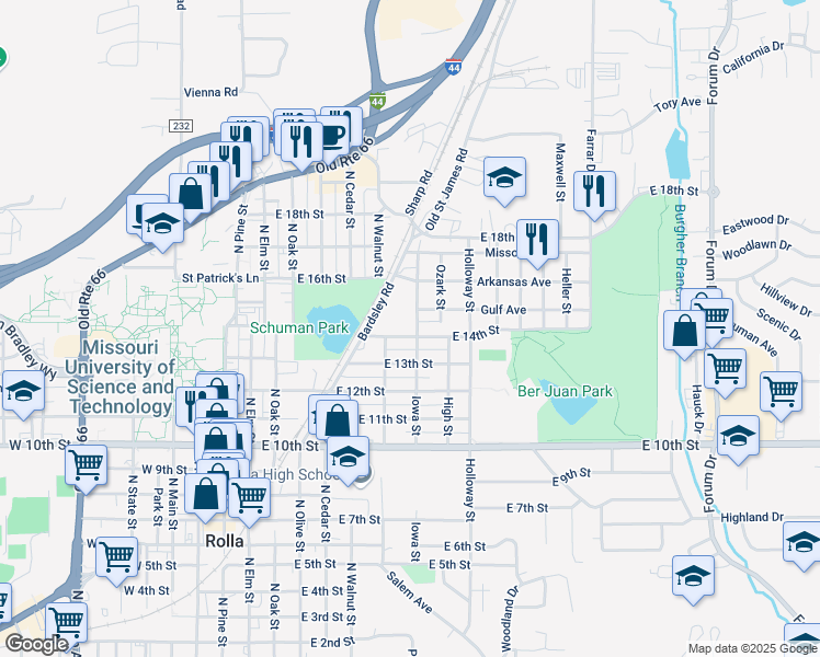 map of restaurants, bars, coffee shops, grocery stores, and more near 1306 Iowa Street in Rolla