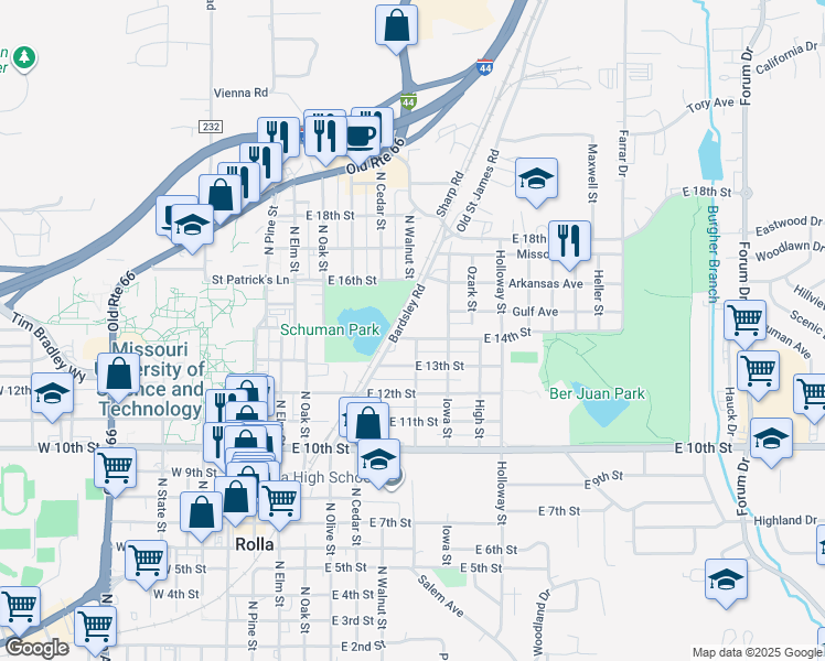 map of restaurants, bars, coffee shops, grocery stores, and more near 1307 Maple Street in Rolla