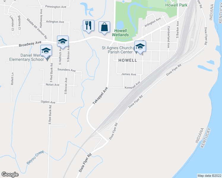 map of restaurants, bars, coffee shops, grocery stores, and more near 3462 Koressel Avenue in Evansville