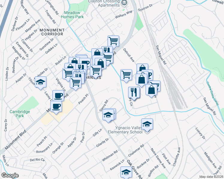 map of restaurants, bars, coffee shops, grocery stores, and more near 2055 Sierra Road in Concord