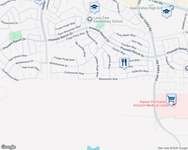 map of restaurants, bars, coffee shops, grocery stores, and more near 2384 Mammoth Way in Antioch