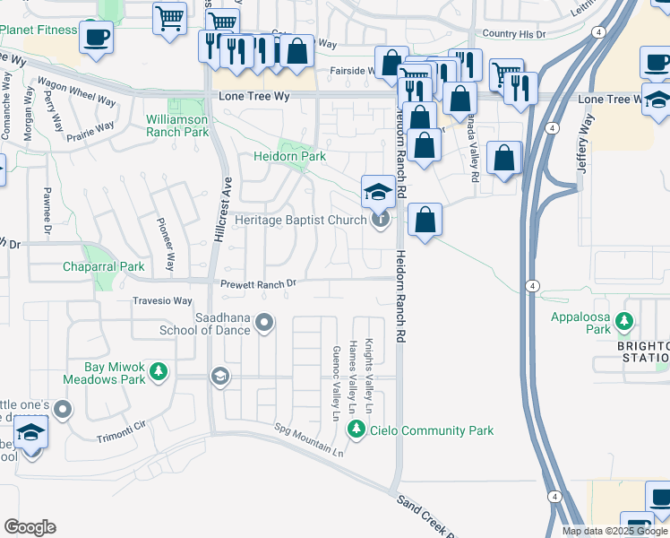 map of restaurants, bars, coffee shops, grocery stores, and more near 5487 Alvar Loop in Antioch