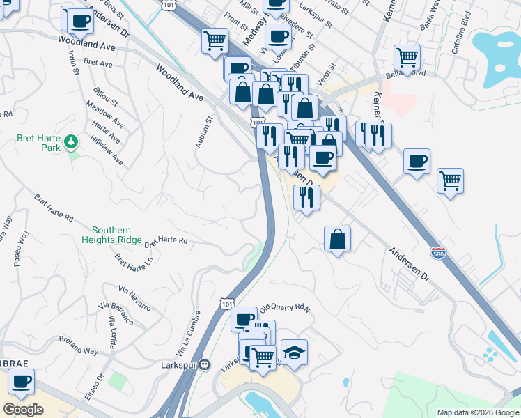 map of restaurants, bars, coffee shops, grocery stores, and more near 123 Altena Street in San Rafael