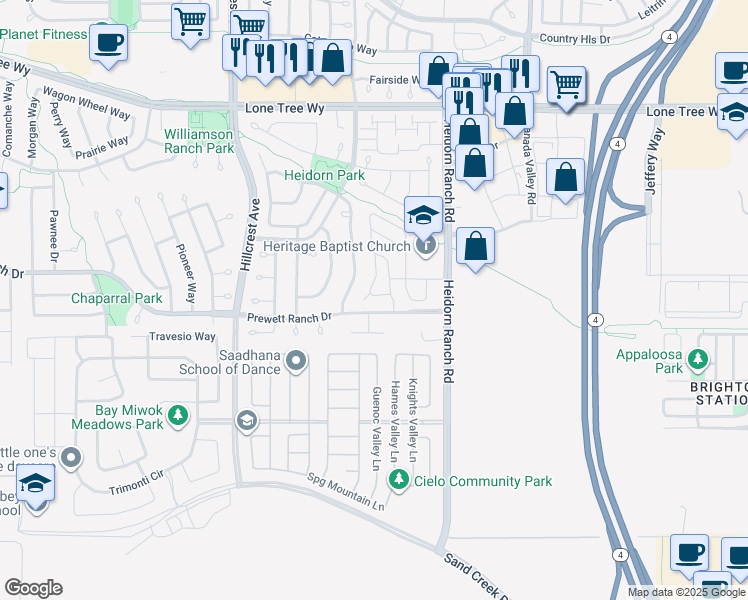 map of restaurants, bars, coffee shops, grocery stores, and more near 5487 Alvar Loop in Antioch