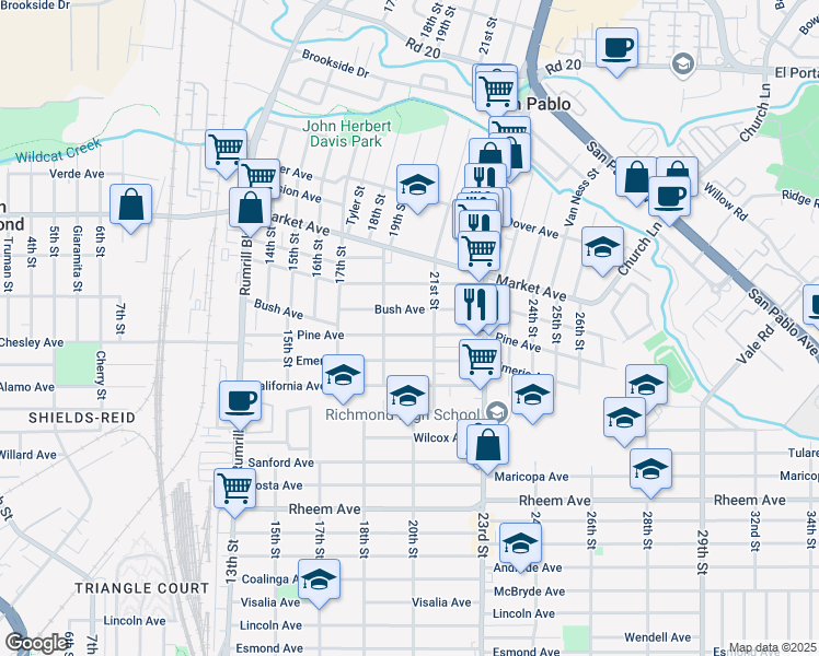 map of restaurants, bars, coffee shops, grocery stores, and more near 1935 Emeric Avenue in San Pablo