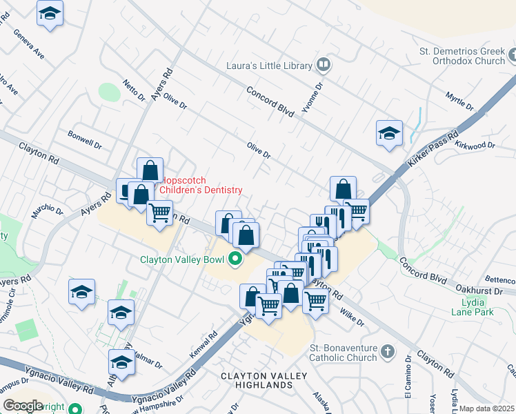 map of restaurants, bars, coffee shops, grocery stores, and more near 5267 Clayton Road in Concord
