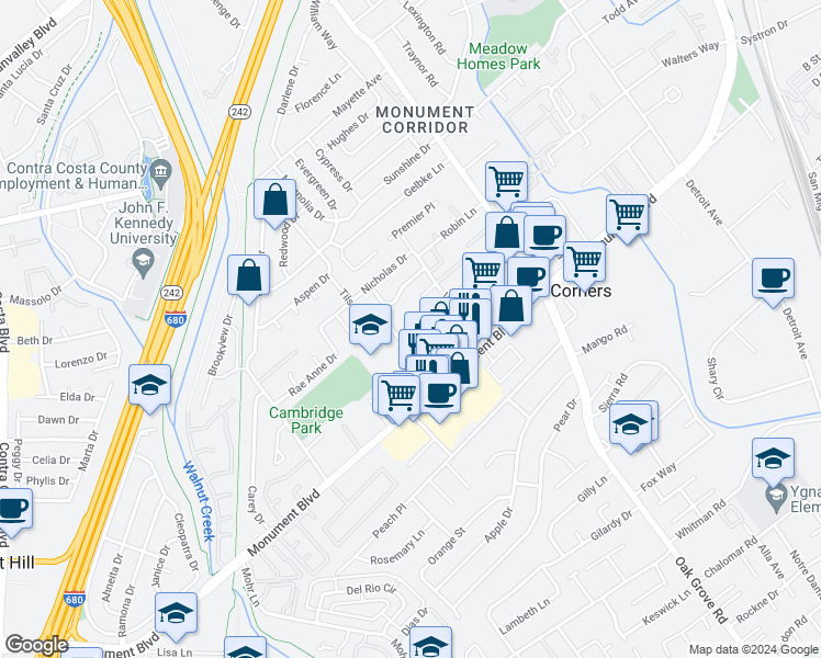 map of restaurants, bars, coffee shops, grocery stores, and more near 1124 Lacey Lane in Concord