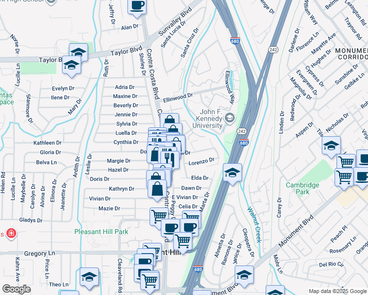 map of restaurants, bars, coffee shops, grocery stores, and more near 106 Beth Drive in Pleasant Hill