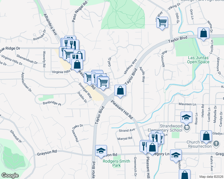 map of restaurants, bars, coffee shops, grocery stores, and more near 2628 Pleasant Hill Road in Pleasant Hill