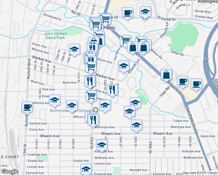 map of restaurants, bars, coffee shops, grocery stores, and more near 2501 Pine Avenue in Richmond