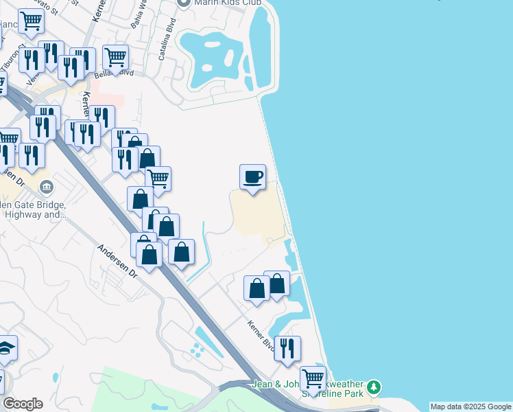 map of restaurants, bars, coffee shops, grocery stores, and more near 125 Shore Line Parkway in San Rafael