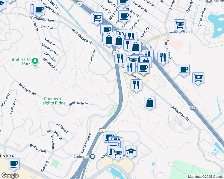 map of restaurants, bars, coffee shops, grocery stores, and more near 123 Altena Street in San Rafael