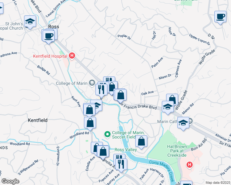 map of restaurants, bars, coffee shops, grocery stores, and more near 929 Sir Francis Drake Boulevard in Kentfield