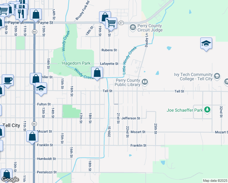 map of restaurants, bars, coffee shops, grocery stores, and more near 929 20th Street in Tell City