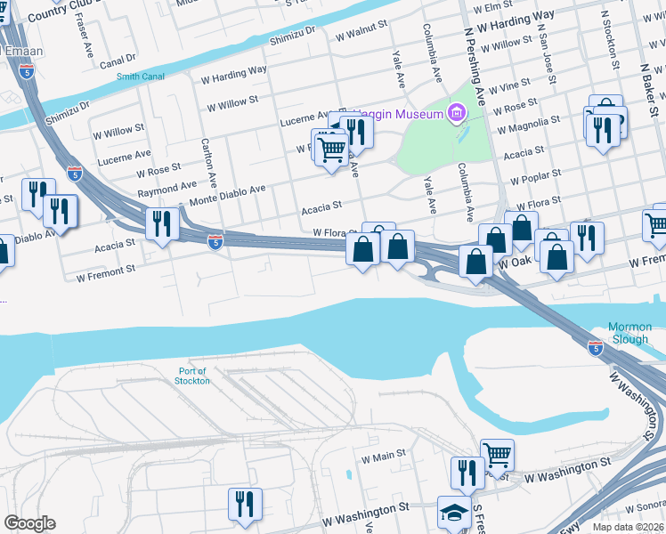 map of restaurants, bars, coffee shops, grocery stores, and more near 1825 Field Avenue in Stockton