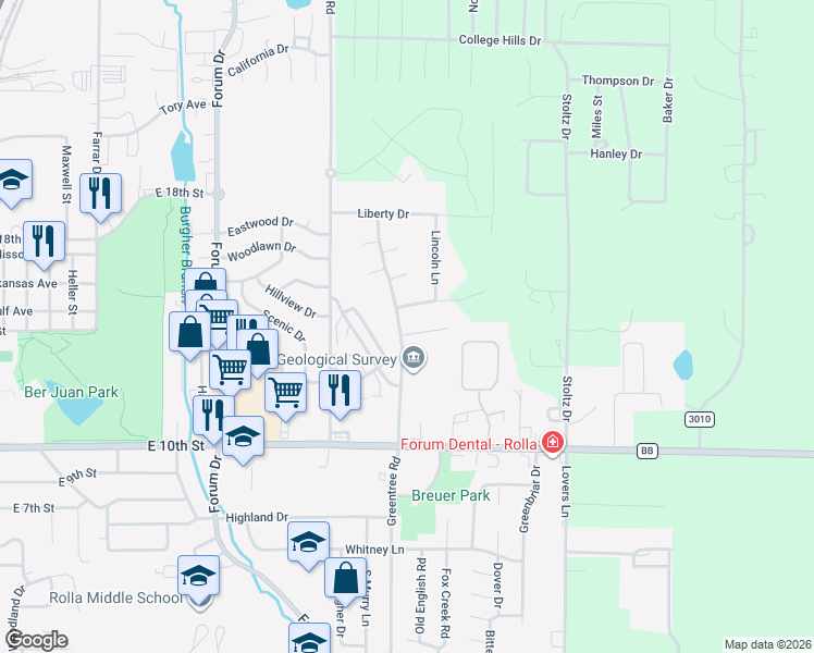 map of restaurants, bars, coffee shops, grocery stores, and more near 1504 Sherman Avenue in Rolla
