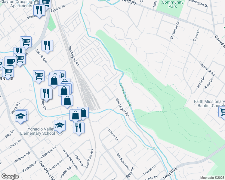 map of restaurants, bars, coffee shops, grocery stores, and more near 968 San Miguel Road in Concord