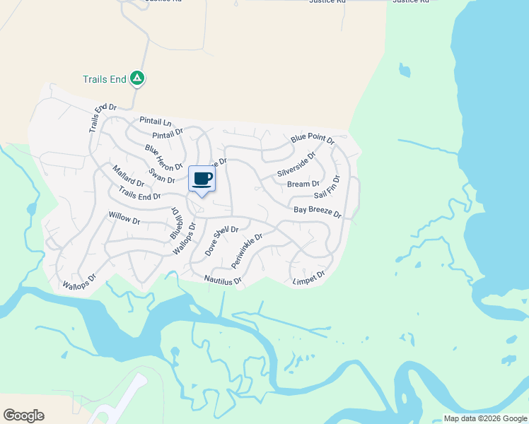 map of restaurants, bars, coffee shops, grocery stores, and more near Bay Breeze Drive in Horntown