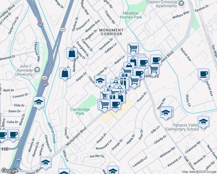 map of restaurants, bars, coffee shops, grocery stores, and more near 1641 Frisbie Court in Concord