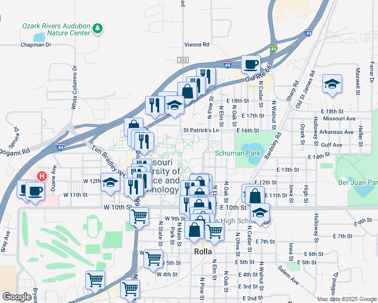 map of restaurants, bars, coffee shops, grocery stores, and more near in Rolla