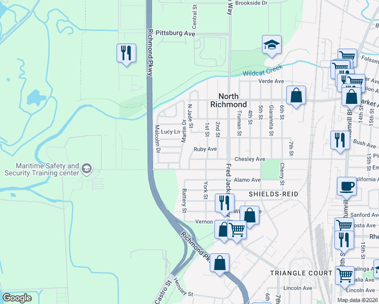 map of restaurants, bars, coffee shops, grocery stores, and more near 215 Ruby Avenue in Richmond