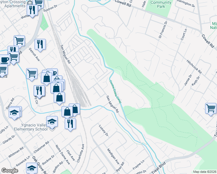 map of restaurants, bars, coffee shops, grocery stores, and more near 3020 San Miguel Court in Concord