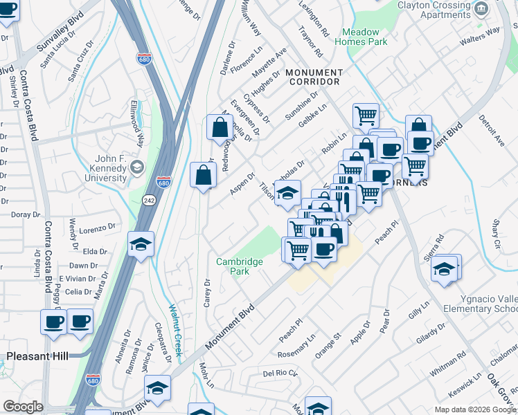 map of restaurants, bars, coffee shops, grocery stores, and more near 1186 Schofield Court in Concord
