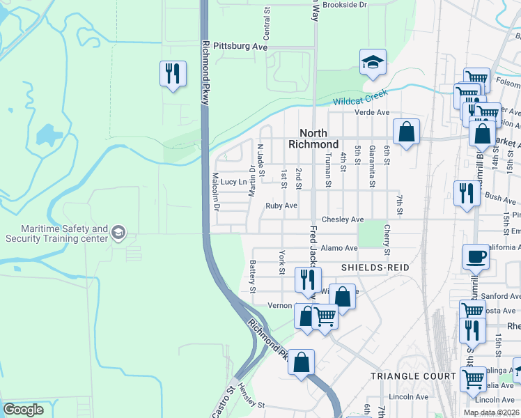 map of restaurants, bars, coffee shops, grocery stores, and more near 215 Ruby Avenue in Richmond