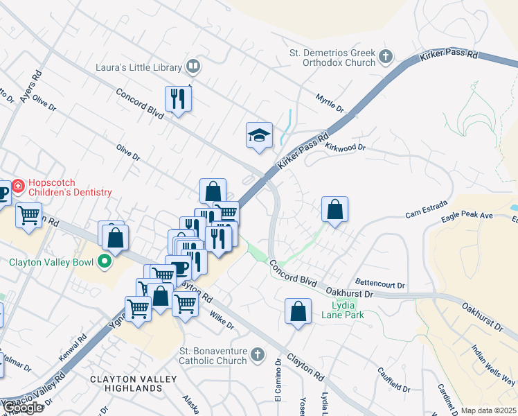 map of restaurants, bars, coffee shops, grocery stores, and more near 5450 Concord Boulevard in Concord