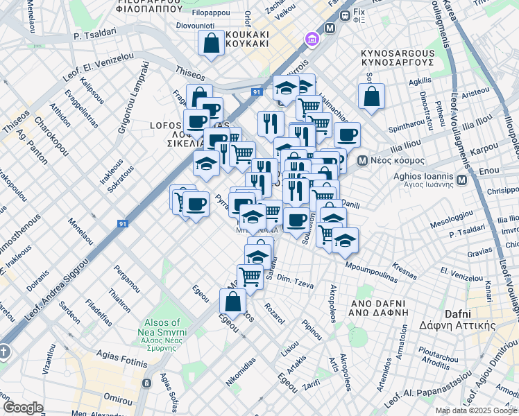 map of restaurants, bars, coffee shops, grocery stores, and more near in Athens