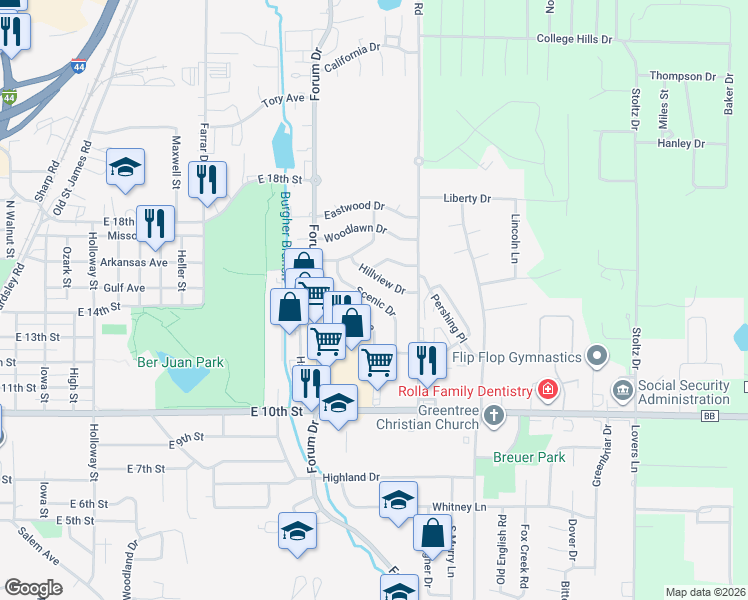 map of restaurants, bars, coffee shops, grocery stores, and more near 1502 Scenic Drive in Rolla