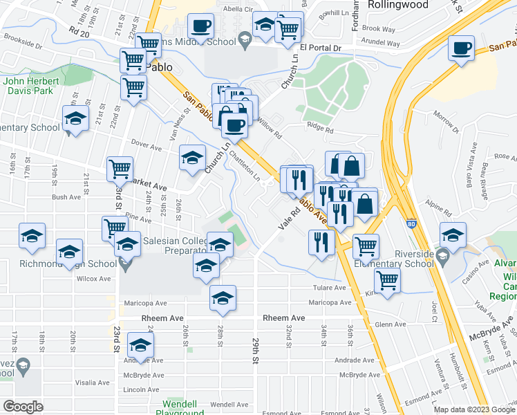 map of restaurants, bars, coffee shops, grocery stores, and more near 13601 San Pablo Avenue in San Pablo