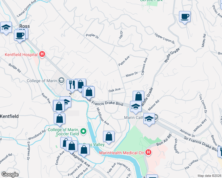 map of restaurants, bars, coffee shops, grocery stores, and more near 47 Laurel Grove Avenue in Kentfield