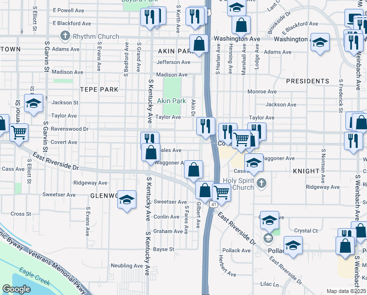 map of restaurants, bars, coffee shops, grocery stores, and more near 1163 Covert Avenue in Evansville