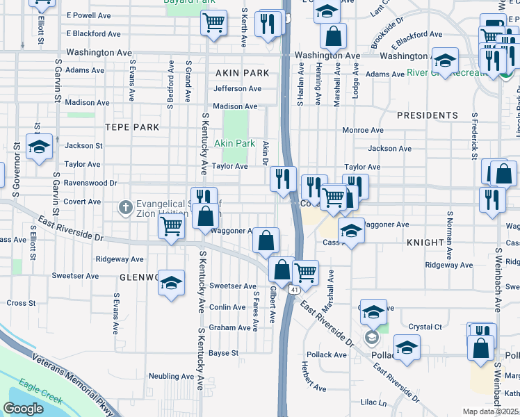 map of restaurants, bars, coffee shops, grocery stores, and more near 1143 Covert Avenue in Evansville