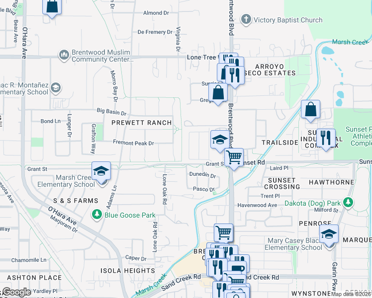 map of restaurants, bars, coffee shops, grocery stores, and more near 231 Brushwood Place in Brentwood