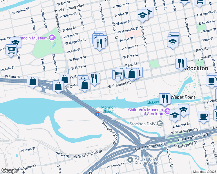 map of restaurants, bars, coffee shops, grocery stores, and more near West Fremont Street & North Yosemite Street in Stockton