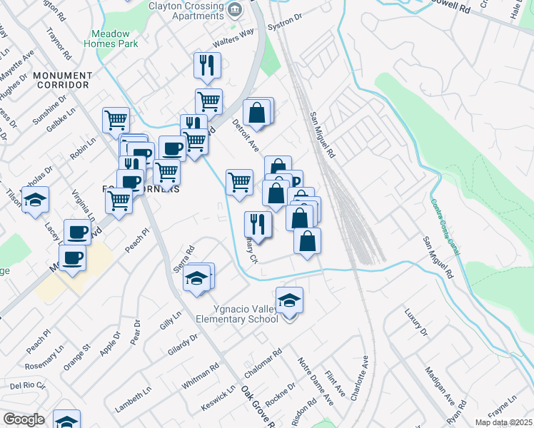 map of restaurants, bars, coffee shops, grocery stores, and more near 1089 Shary Circle in Concord