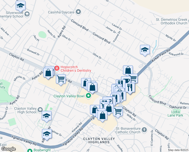 map of restaurants, bars, coffee shops, grocery stores, and more near 1548 Schenone Court in Concord