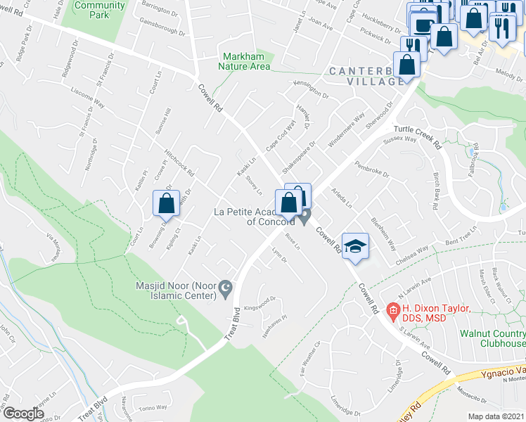 map of restaurants, bars, coffee shops, grocery stores, and more near 785 Oak Grove Road in Concord