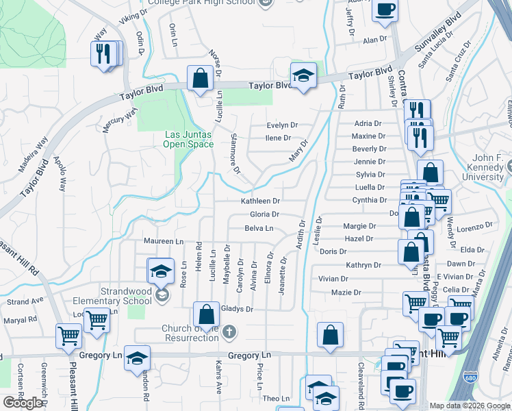 map of restaurants, bars, coffee shops, grocery stores, and more near 1836 Roche Drive in Pleasant Hill