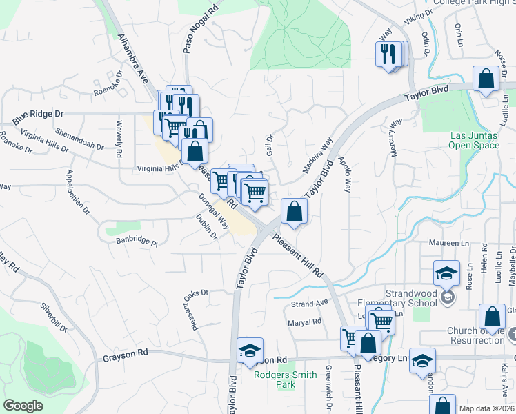 map of restaurants, bars, coffee shops, grocery stores, and more near 5 Royston Walk in Pleasant Hill
