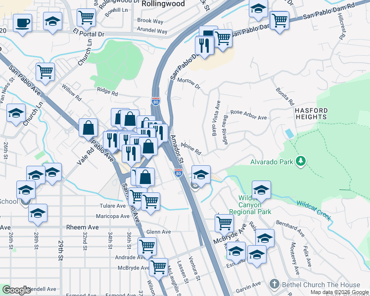 map of restaurants, bars, coffee shops, grocery stores, and more near 5451 Alpine Road in San Pablo